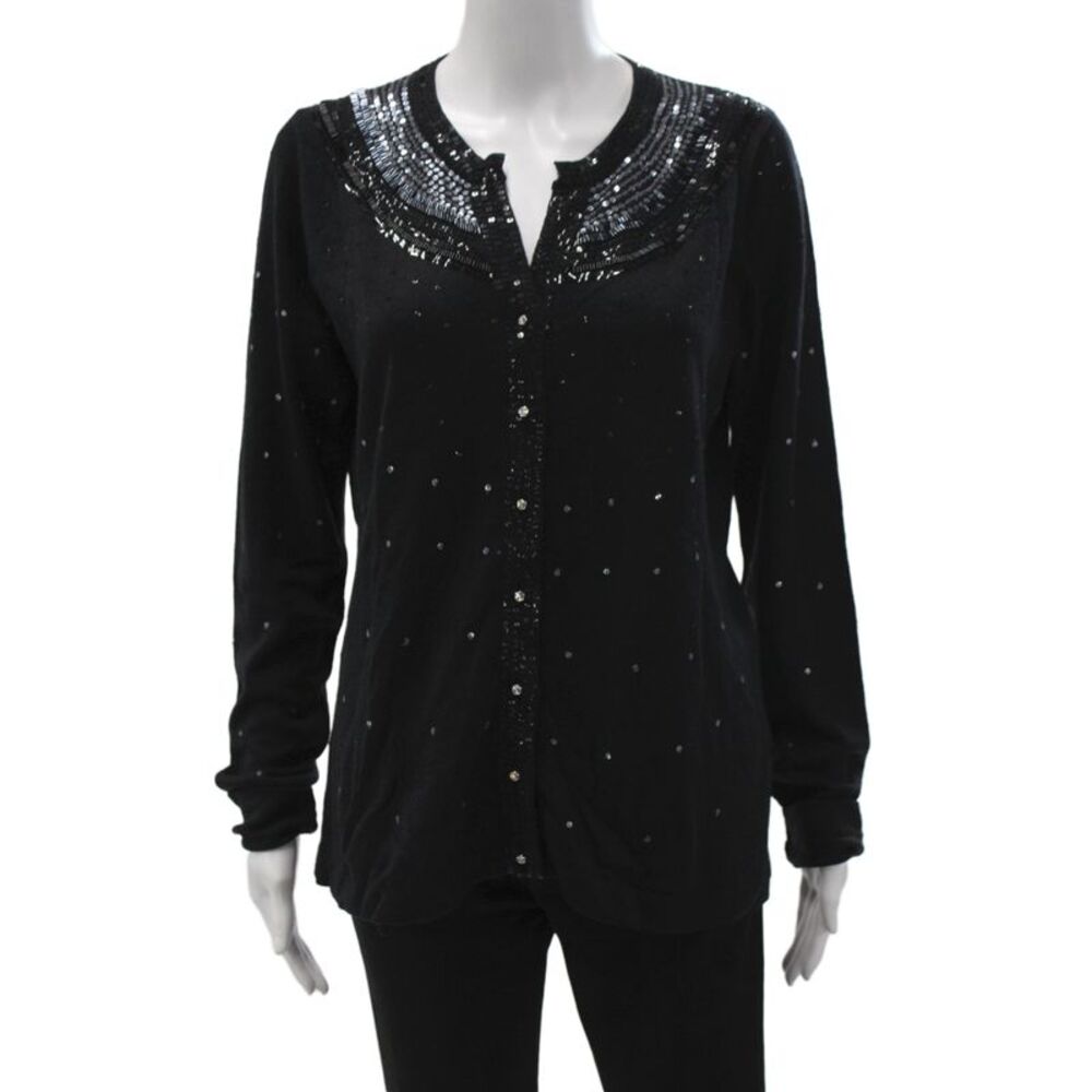 Charlotte Womens Cardigan Black V-Neck Beaded Long Sleeve Size XL